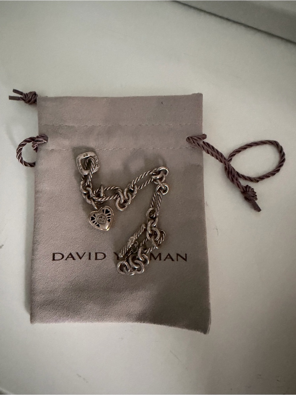 David Yurman Silver Cable Heart Charm Bracelet with Tassel